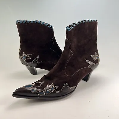 Antonio Melani Bailey Suede Western Style Heeled Booties Boots Sz 7M Brown Blue • $59.98