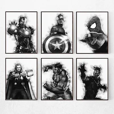 Black And White Superhero Prints Watercolour Kids Bedroom Wall Art Hero Boys • £3.99