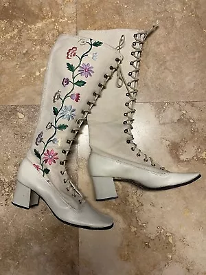 Vintage 60s Gogo Boots 70s Boots Penny Lane Boots Floral Embroidered Boots Hippy • $900