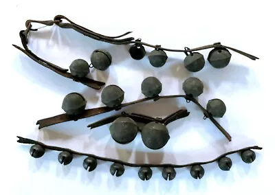 ANTIQUE EMBOSSED GRADUATED BRASS PETAL SLEIGH BELLS 22 TOTAL On LEATHER STRAPS • $125