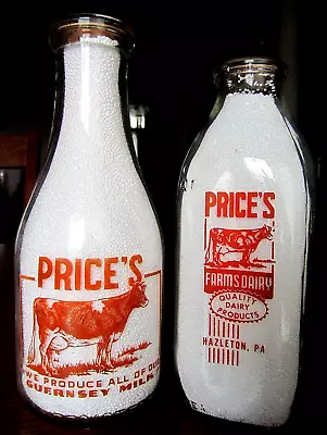 2) TRPQ 1940's PRICE Hazleton PENNSYLVANIA Quart Dairy Milk Bottle GUERNSEY COW • $13.50