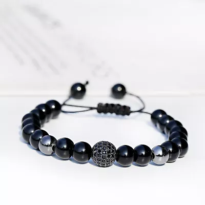 Men's Black Zircon Ball Micro Pave Stone Beaded Macrame Adjustable Bracelets • $7.12