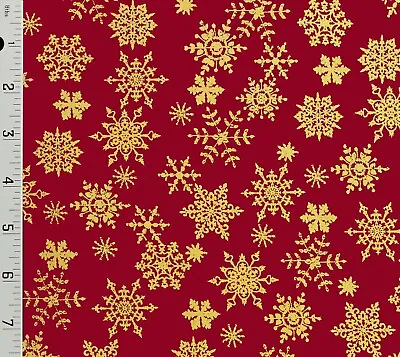 Red Metallic Gold Snowflakes Christmas Cotton Fabric - Choose Size • $8.15