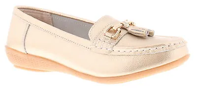 Love Leather Womens Shoes Flat Nautical Leather Slip On Gold UK Size • £24