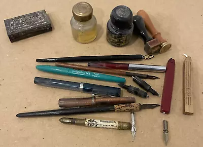 Vintage Calligraphy Mixed Lot Set Kit Pens Stamp Pad Ink Wax Dip Pens Nibs • $29.99