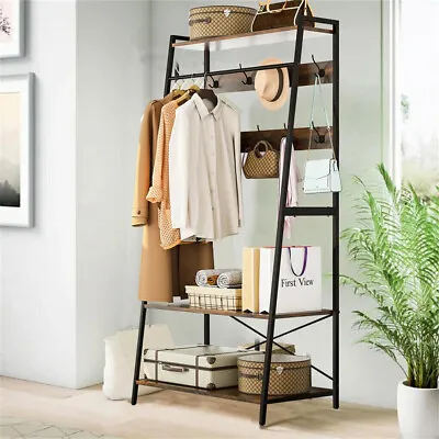 Brown Coat Rack 3-in-1 Hall Tree Ladder Design Entry Coat Stand With Metal Frame • £83.94