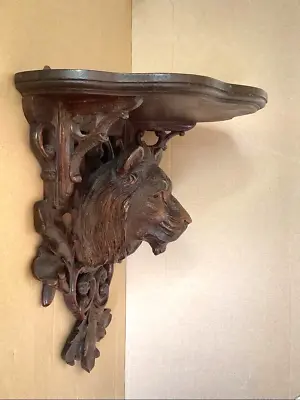 Antique Carved Lion Head Oak Wood Wall Console Black Forest Glass Eye Circa 18th • $801