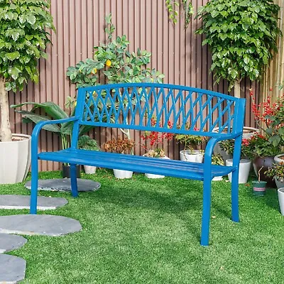 Blue Metal Garden Bench Lattice Outdoor Seat Patio Yard Porch Chair Decor • $127.19
