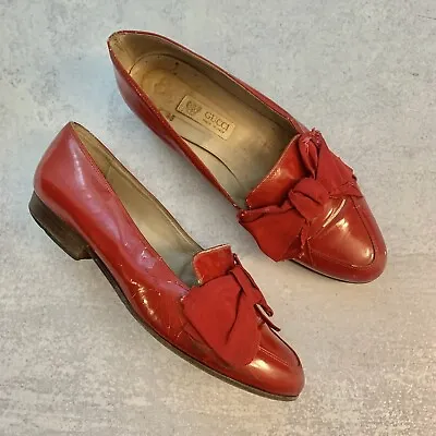 $150 • Buy Gucci Vintage Rare Fine Red Shiny Patent Leather Bow Front Pointy Loafers Flat 7