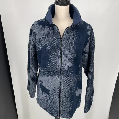 Bear Ridge WOMENS Navy Blue Gray Moose Full Zip Pockets Fleece Coat Jacket L • $24.97