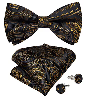 Black Gold Paisley Floral Mens Silk Pre Bow Tie Set Hanky Cufflins Wedding Tie • $12.84