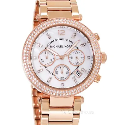 Michael Kors Parker Womens Glitz Watch White MOP Dial Crystals Rose Gold Band • $102.94