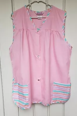 Vintage Dreamcoats Women's Button Up Work Smock Sleeveless Pastel Pink Size 20 • $14.99