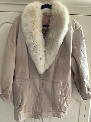 J. Percy Marvin Richards Beige Leather White Fox Fur Coat Sz M Vintage • $125