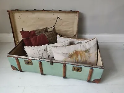 Antique Trunk Storage Chest Blanket Box Large Leather & Wood Postage Available • £35