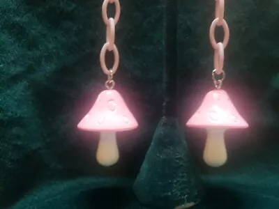 Large Pink And White Dangling Mushroom Earrings  • $4.55