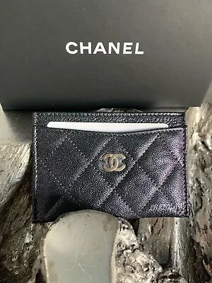 CHANEL 19S Iridescent Black Caviar Card Holder Flat 2019 Pearly CC 17B Rose Gold • $900