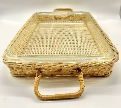 Vintage PYREX Baking Casserole Dish 9 X 13 W/ Wicker Basket Carrier Holder 233 • $23