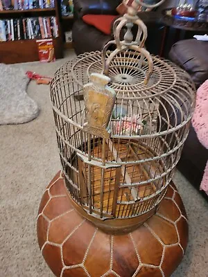 Vintage Hand Carved Chinese Bamboo Hanging Bird Cage Wood Sculpture • $18