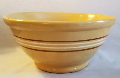 19th Century Large Yellow Ware Dough Bowl Brown & White Mocha Stripes 15  Dia. • $95