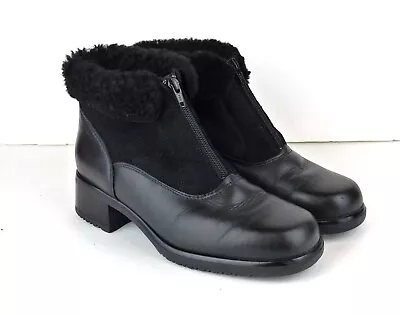 La Canadienne Leather Suede Zip Up Booties Black Sherpa Lined Womens 8.5 M VTG • $120