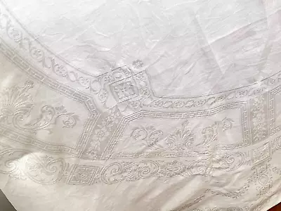 Vintage White Linen Damask Tablecloth   YY771 • $65