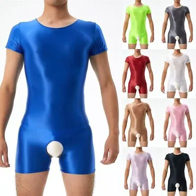 Mens One Piece Glossy Short Sleeve Bodysuit Leotard Stretchy Jumpsuit Crotchless • £8.75