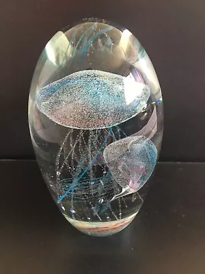 Glass Double Jellyfish Paperweight Aqua/Pink Color Glow In The Dark 5  H. • $32