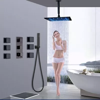 Black Shower Faucet Set LED Rain Head Combo Thermostatic Mixer Valve Massage Jet • $169