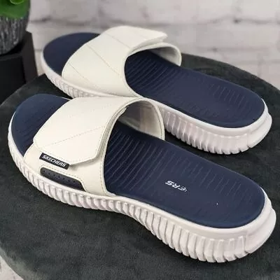 Skechers 9 White & Blue Slides Hook & Loop • $24