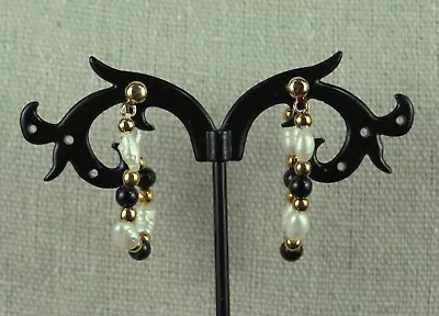 Vintage 1991 Avon Freshwater Pearl Hoop Pierced Earrings W/ Black Onyx Beads • $12