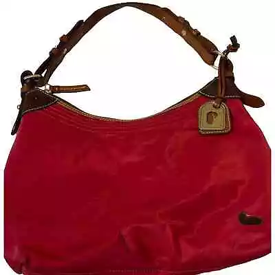 Dooney & Bourke Erica Red Nylon Leather Shoulder Bag Hot Pink Lining Zipper • $45