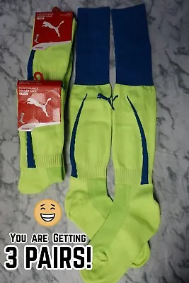 3 PAIRS! Puma YOUTH AGES 10-14 Kneehigh Soccer Sport Socks NEON + BLUE SZ 2 #164 • $12.99