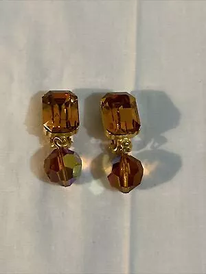 Vintage Les Bernard Amber Crystal Dangle Clip On Earrings Signed EUC • $36.99