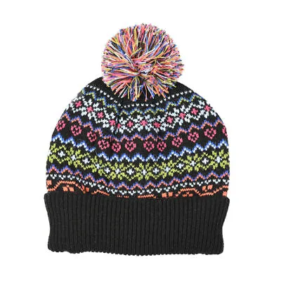 Dents Women's Black Neon Knitted Fair Isle Hat With Pom Pom • £8.80