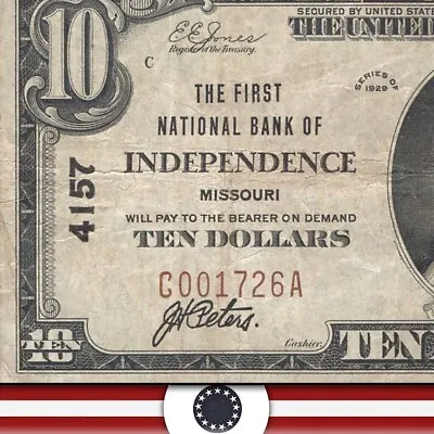 1929 $10 Independence Mo National Bank Note Jackson County Missouri 0726. • $179