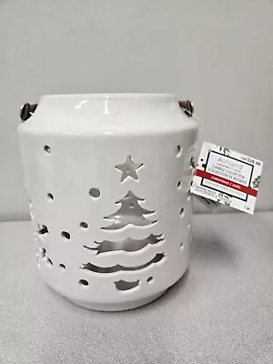 Ceramic CANDLE LANTERN Cream 7 Tall~ 6.5  Wide~Filigree Snowflakes Trees~ NWT • $8