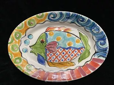 Vicki Carroll Pottery Signed Large Oval Serving Dish Bright Colors Fish VCo • $62.49