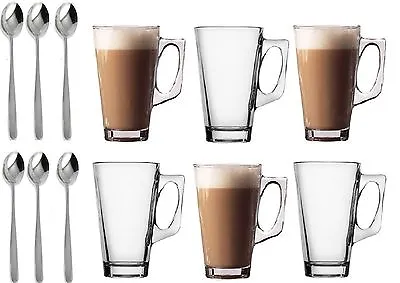 6 Latte Glasses Tea Cappuccino Glass Tassimo Costa Coffee Cups Mugs With Spoons • £13.94