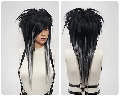 Black White Spiky Mullet EMO Wigs Bangs Long Full Density Cosplay Goth Styled • $180.29