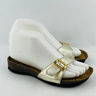 $20.79 • Buy Womens 5.5 EuroWellness Cork Slides Metallic Gold Leather Buckle Balance Sandals