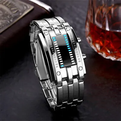 LED Binary Digital Watch Men's Casual Sport Wrist Watches Stainless Steel Straps • £11.99