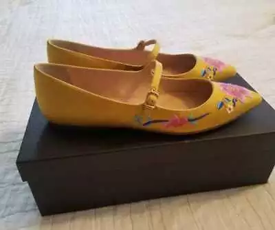 New Women's 8 8.5  J Crew Mary Jane Flats In Embroidered Satin Yellow Flowers • $149.99