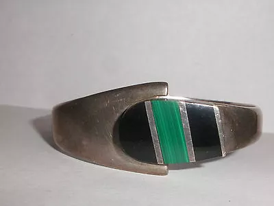 Vintage Modernist Mexican Sterling Silver 925 Onyx Malachite Heavy Bracelet   • $99.99