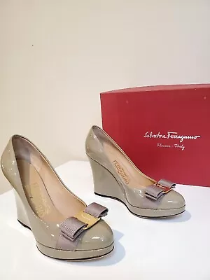 Salvatore Ferragamo Vara Brown Grey Patent Leather Wedge Pumps Size 5 C Taupe • $300