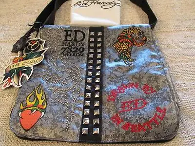 Ed Hardy Christian Audigier Silver Mouche Black Graphic Messenger Handbag NWT • $171.60