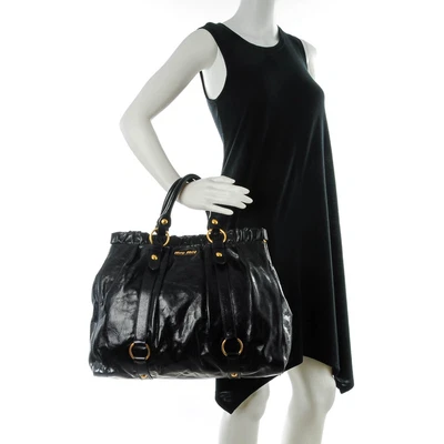 $255 • Buy Authentic MIU MIU By Prada Calf Leather Vitello Lux Gathered Black Handbag