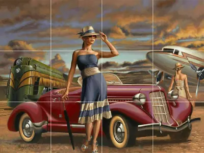 Rich Glamour Girls Vintage Cars Planes Art Deco Ceramic Tile Mural Backsplash • $179