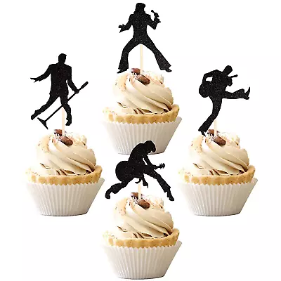 24 PCS Rock Band Cupcake Toppers Black Glitter Rock Pop Music Theme Cupcake Pick • $12.84