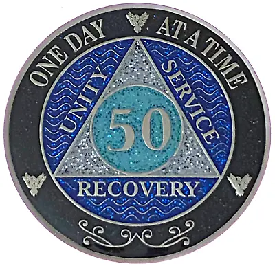 AA 50 Year Medallion Black Rainbow Blue Glitter Alcoholics Anonymous Coin • $25.99